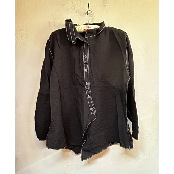Xiao Womens Size Medium Button Down Long Sleeve Shirt Top Blouse Black Rayon - Picture 1 of 8